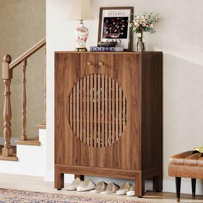 Jiallo "28"" Brown 5-Tier Shoe Cabinet with Round Louvered Doors"