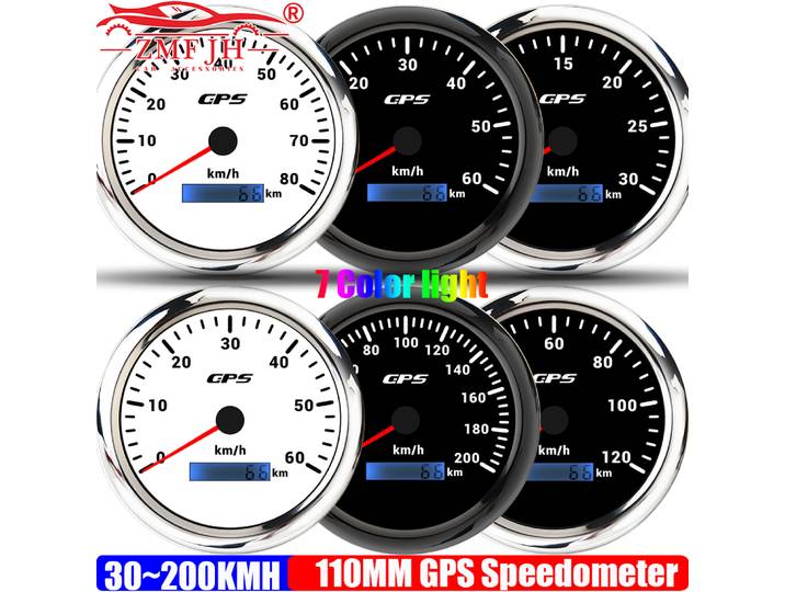 ZMFJH 110MM GPS compteur de vitesse jauge avec antenne 7 couleurs pointeur LED 120KMH,200KMH compteur de vitesse kilométrage pour bateau marin voiture 12V24V