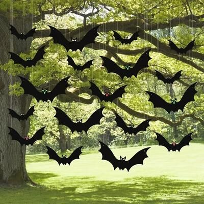 Uplifted Finds 12 Piece Hanging Bats Outdoor Halloween Decor Realistic Flying Black Bats Set 12 Piece Hanging Bats Outdoor Halloween Decor Realistic Flying Black Bats Set