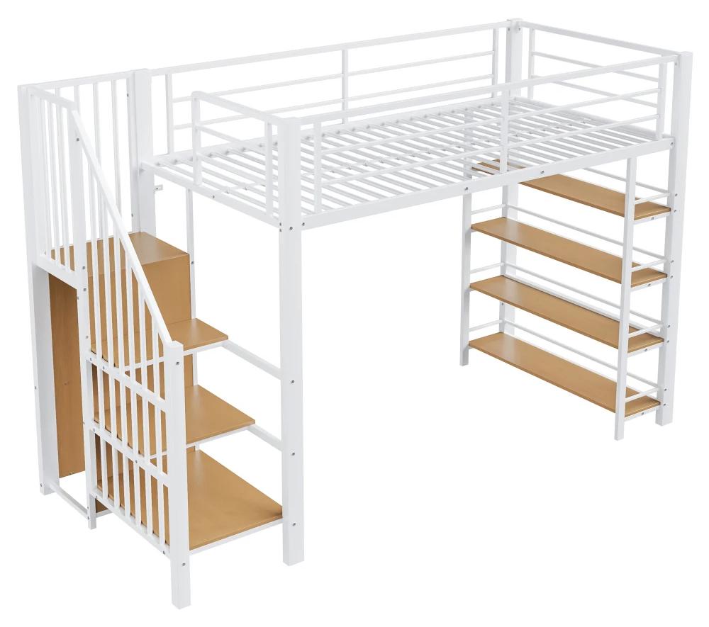 Kinderhochbett - Einzelbett - Metall - Sicherheitstreppe - Hoher Rausfallschutz - 90 x 200 cm - Weiß