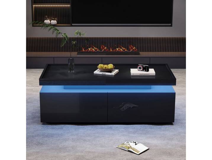 Table basse noire 95x45x35 cm 2 tiroirs LED géométrique