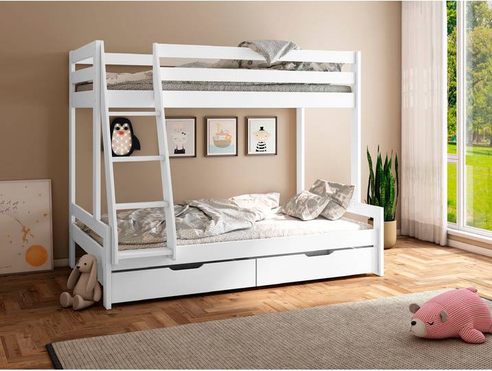 Etagenbett GOODPRODUCT Doppelstockbett, Hochbett, NORA , weiss (weiß), B:138cm L:206cm, Etagenbetten, Etagenbett, mit Schubladen, zertifiziertes Massivholz, breite Liegefläche unten