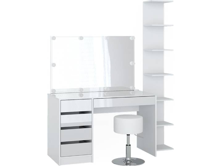 Coiffeuse Vicco Sherry Blanc avec miroir\, guirlande LED\, tabouret et étagère murale\, Model 41627