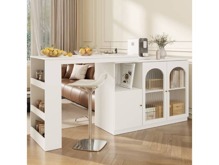 Meuble Bar Rotatif 360 avec Porte Vitrée Étagères Ouvertes et Rangement Fermé - YEAVIO - MDF Blanc Cuisine
