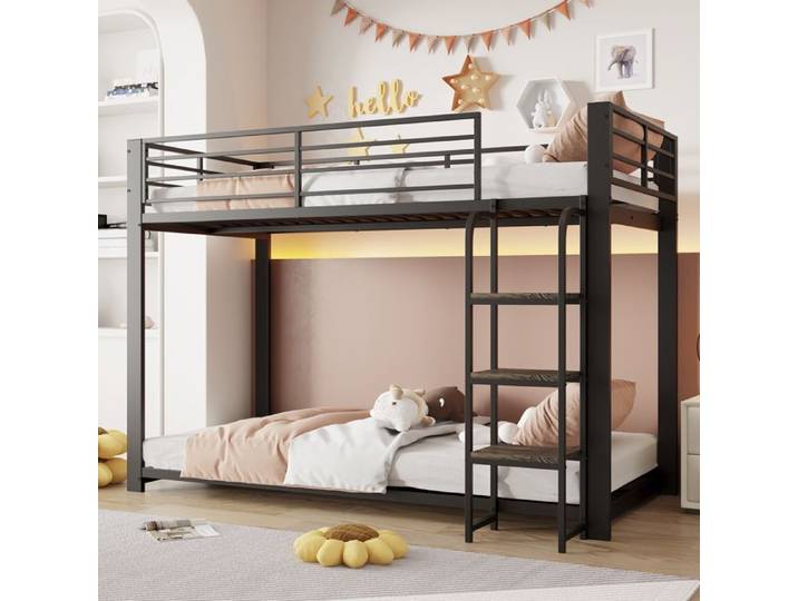 Lit superposé 90x200cm lit 2 places lit enfant lit ado escalier gain de place métal MDF noir