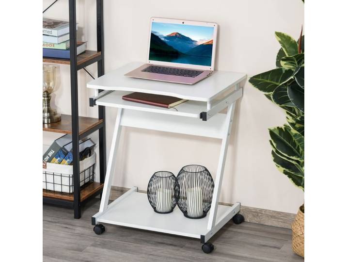 Pour votre poste informatique bureau mobile avec tablette clavier coulissante et étagère blanc