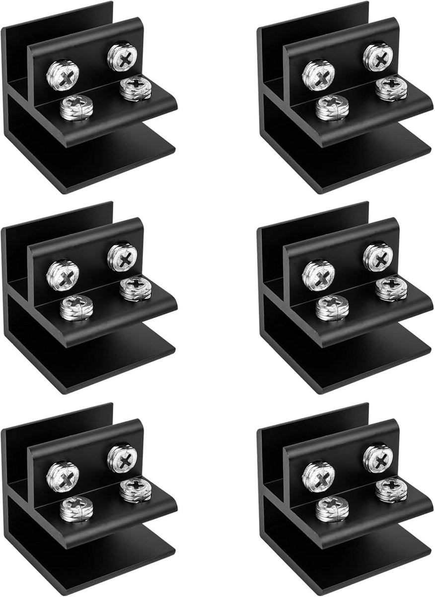 6x Zwarte Glasklem 90 Graden voor 10-12 mm Glas - Verstelbare Aluminium Glassteun