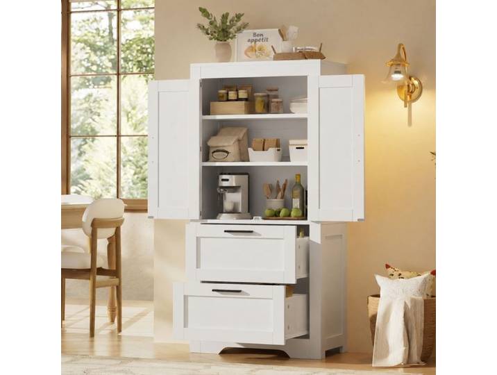 Norevia armoire de cuisine blanche avec portes style grange 2 tiroirs et étagères réglables