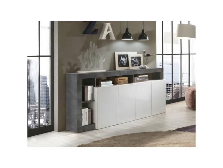 Buffet SEFRO - 4 portes et 4 niches - Blanc laqué et béton