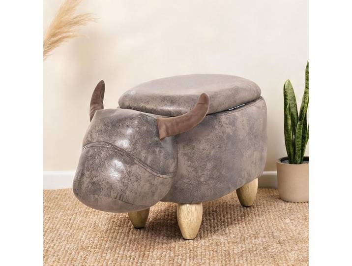 Tabouret pouf de rangement forme vachette simili daim vieilli marron pieds hévéa 62x35x36 cm