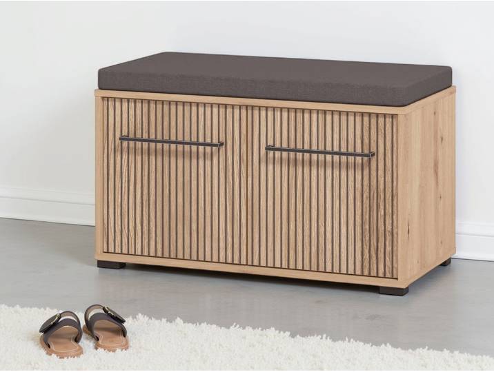 Schuhbank HOME AFFAIRE Landes, Schuhschrank mit Sitzkissen, innen 2 Fächer, Schuhregal , braun (artisan eiche), B:80cm H:49cm T:40cm, Holzwerkstoff, Kunststoff, Metall, Sitzbänke, Schuhbank, Breite 80 cm, Artisan Eiche, Front mit schwarzen Streifen