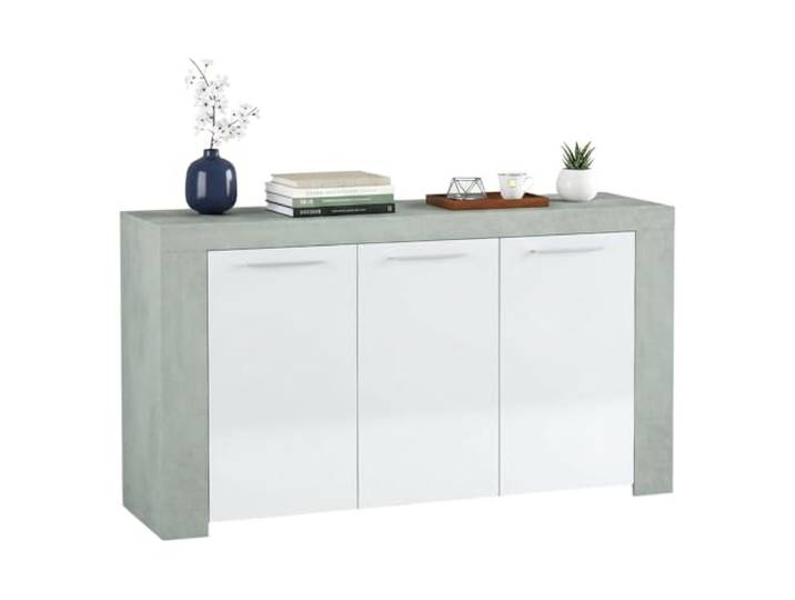 Dmora - Bellevue-Sideboard, Wohnzimmer-Buffet, TV-Schrank, Sideboard für Wohnzimmer, moderner Kleiderschrank mit 3 Türen, 144 x 42 x 80 cm, Zement und Weiß