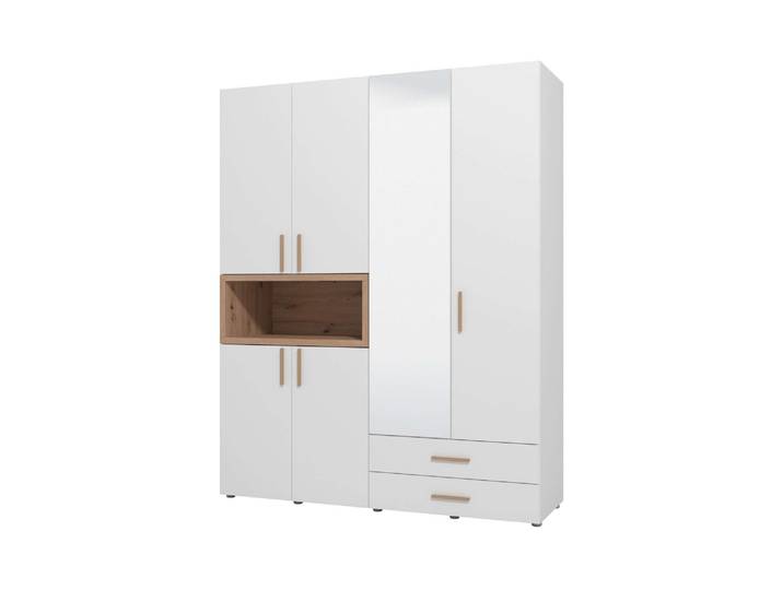 Kleiderschrank HOME AFFAIRE Donald, inklusive Kleiderstangen und Einlegeböden, FSC-zertifiziert , weiss (opaque weiß), B:179cm H:227cm T:56,5cm, FSC-zertifizierter Holzwerkstoff, Schränke, Kleiderschrank, In 2 Breiten, mit Spiegel und Schubladen, 1 offenes Fach in Holzoptik