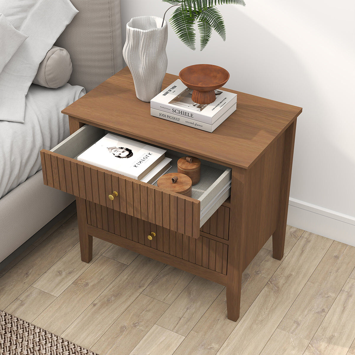 Large 3 Drawer Bedside Table - Hales Dark Wood Range Wood, Metal
