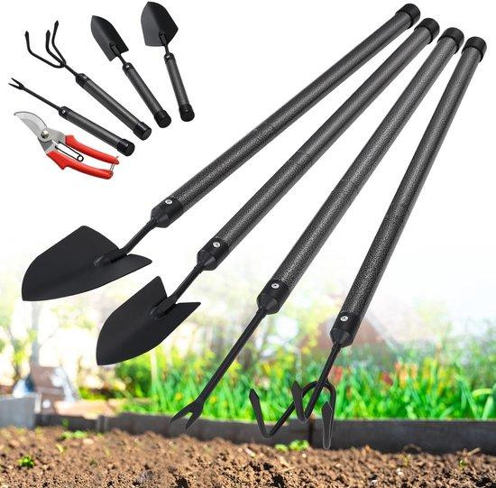 Benza Ibenzoa 5-delige tuingereedschapset van roestvrij staal met handlepels, cultivator, onkruidsteker en tuinschaar