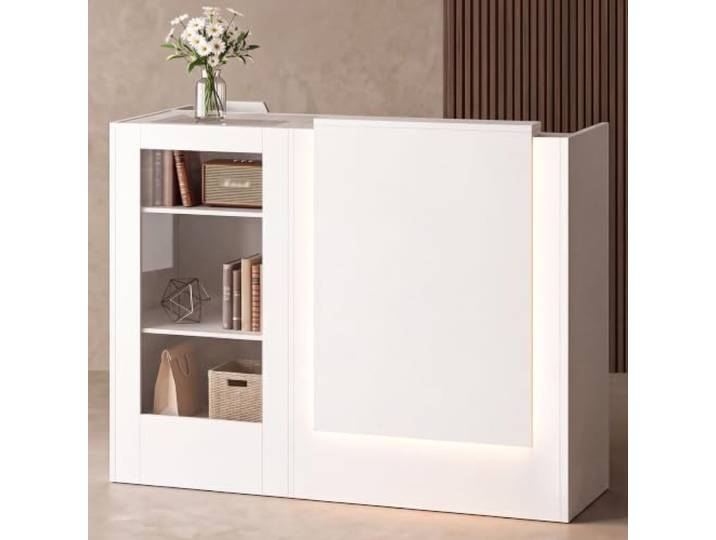 L-förmiger Rezeptionstheke mit Abnehmbare Einlegeböden Glasvitrine, Empfangstresen mit LED & Kabeldurchführung, Hölzern Rezeptionstisch mit Beweglicher Seitenschrank für Salon, Floristik,120x48x103cm