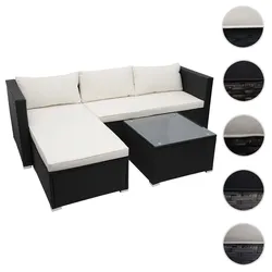 Poly-Rattan Garnitur HWC-F57, Balkon-/Garten-/Lounge-Set Sofa Sitzgruppe ~ schwarz, Kissen creme ohne Deko-Kissen