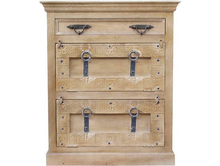Schuhschrank SIT Algier aus Mangoholz mit Schnitzereien & 2 Klappen , beige (natur, antikgrau), B:85cm H:102cm T:45cm, Massivholz, Schränke, Schuhschrank, Aufwendige Schnitzfront