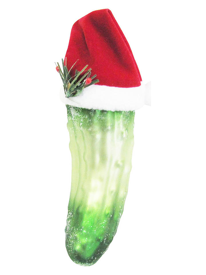 Krebs Glas Lauscha Christbaumornament "Weihnachtsgurke mit Stoffhut" in Grün/ Rot - (L)14 cm - onesize