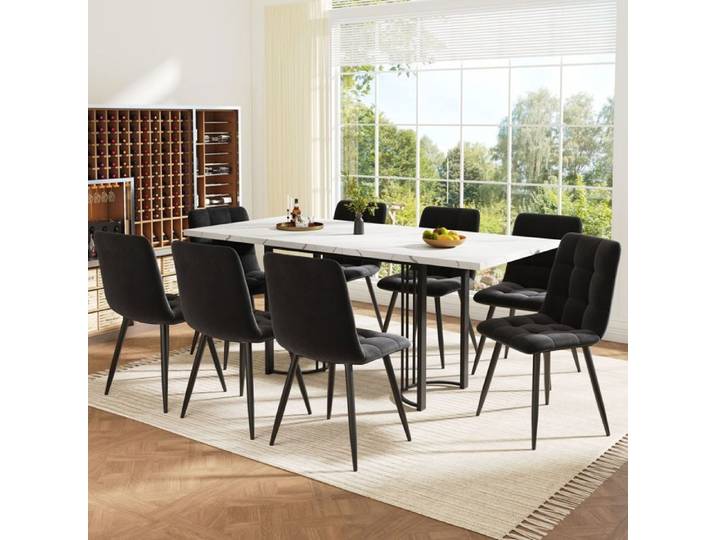 Ensemble Table Et Chaises 8 Places Extensible - Ensemble Repas - Plateau MDF Métal Chaises Velours Confortable Design Moderne