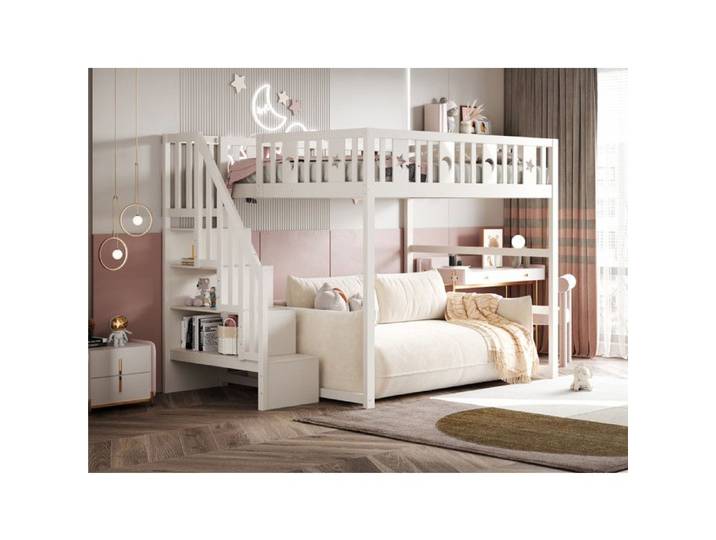 Lit Mezzanine Enfant 140x200cm avec Escalier Lit Enfant Rembourré en Bois Massif Lit 1 Personne avec BarrièRes Blanc
