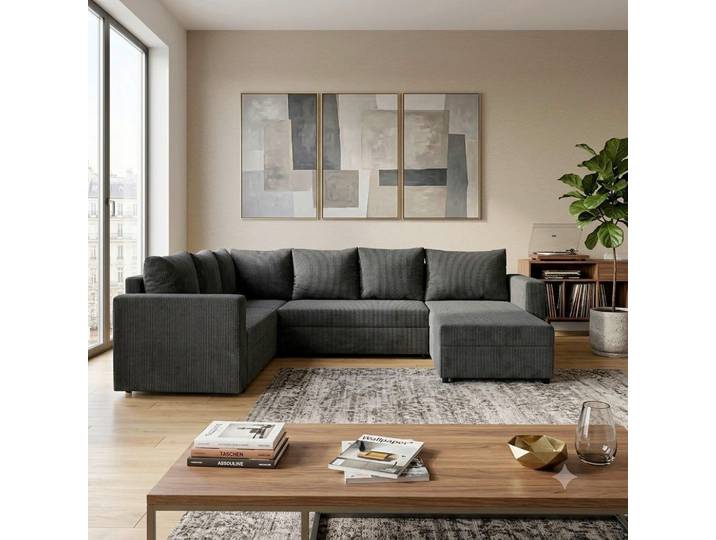 P & B Wohnlandschaft TOP U, Dunkelgrau, Kunststoff, 3-Sitzer, Füllung: Schaumstoff, seitenverkehrt montierbar, U-Form, 304x223 cm, Liegefunktion, Wohnzimmer, Sofas & Couches, Wohnlandschaften, Wohnlandschaft U-Form