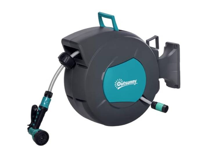 Outsunny Enrouleur Tuyau Arrosage Automatique 15 + 1\,4 m Turquoise Gris Pivotant 180°\, Lance Arrosage\, Support Mural Intégré