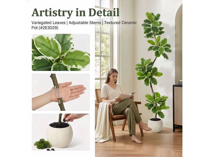 HAUSPROFI Ficus lyrata artificiel, plantes artificielles, avec feuilles et mousse, pot blanc, fausses plantes, décoration extérieure