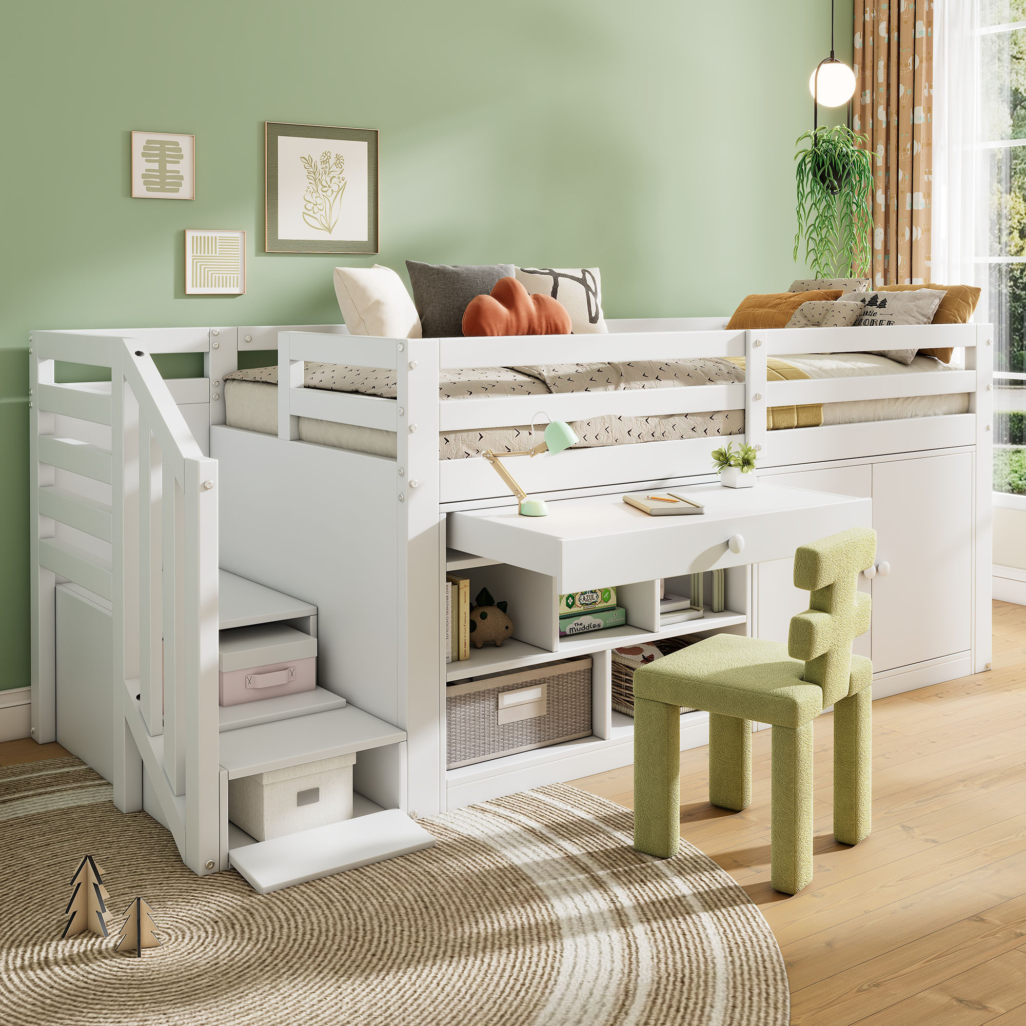 MODFU Hochbett Kinderbett 90x200cm mit Schrank und Schublade/Schreibtisch, Kinderbett mit Treppe und Leiter, Etagenbett Hausbett Massivholz Jugendbett, Weiß