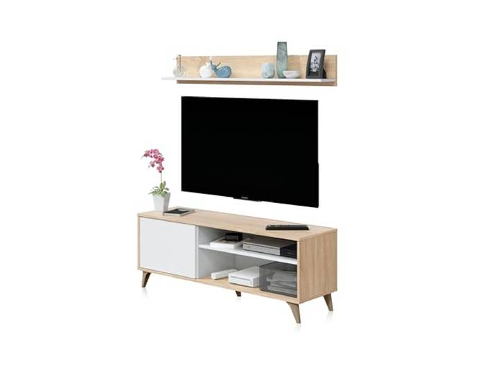 Habitdesign, TV-Modul mit Regal, Wohnzimmermöbel mit 1 Drehtür und 2 offenen Fächern, TV-Lowboard in Artik weiß und kanadischer Eiche, Maße: 135 x 50 x 40 cm (B x H x T), Modell Kikua Plus