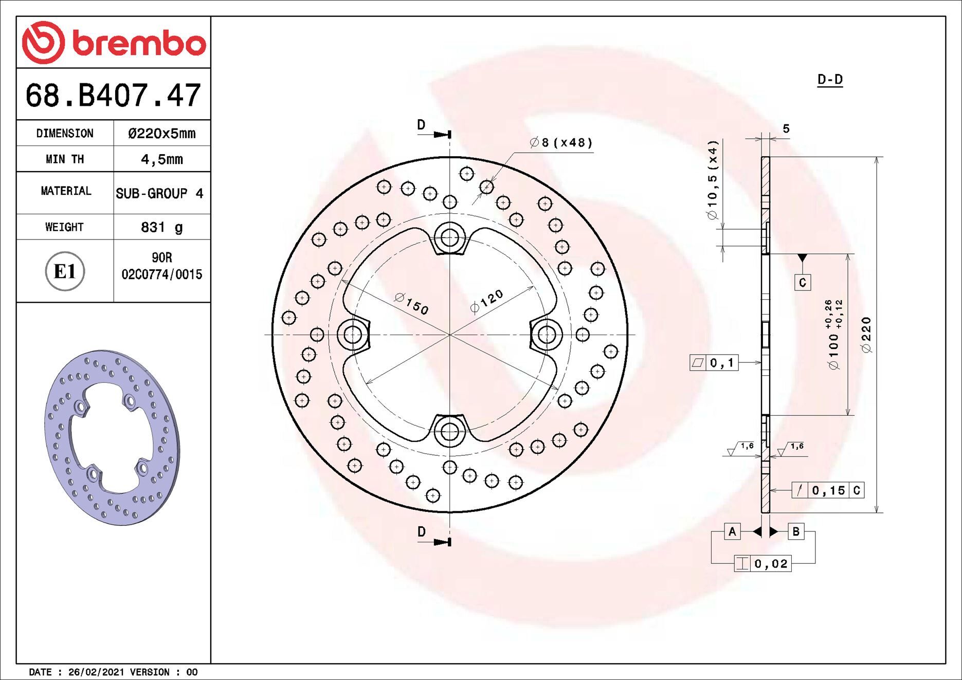 Brembo Bremsscheibe 68b40747 220mm 5mm