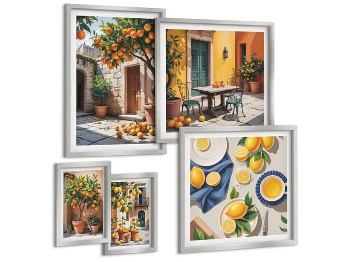 BILDER SET 5er Set - 50x50 cm & 20x30 cm & 40x60 cm Silberner Rahmen - Zitrusgarten in der Sonne