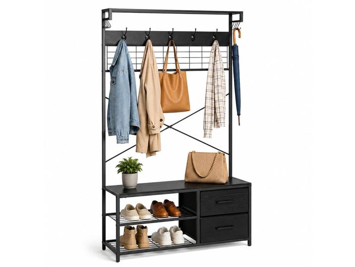 Relaxdays Garderobenständer Schwarz Industrial mit Schuhbank, Metall, Holzwerkstoff, Textil, 80x176x30 cm, Garderobe, Garderobensets & -serien, Garderoben-Set