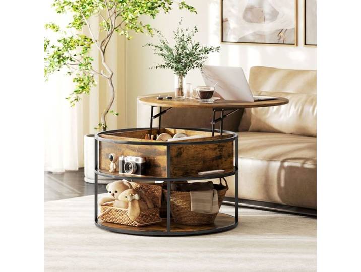 Table basse - WESTYLE - Ø80 cm - Relevable - Rangement caché - Brune