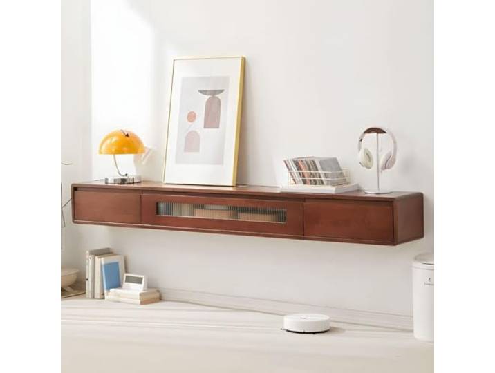 Moderner schwebender TV-Ständer mit Klapptüren aus Massivholz TV-Schrank Schwebendes TV-Ständerregal mit Schubladen zur Wandmontage(Walnut Color)