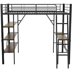STILVORA Hochbett Metall schwarz 90x200 cm mit Schreibtisch, 3 Ablagen und Sicherheitsgeländer