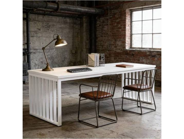 Bureau double AESVAR 180 x 60 cm style industriel plateau MDF blanc structure métal