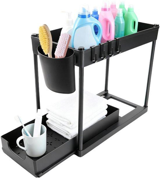 Unyqoos 2-laags uittrekbare schuiflade-organizer met antisliprand voor keuken, badkamer en kantoor