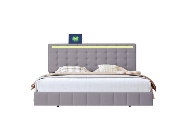 BlingBin Polsterbett Doppelbett, Schwimmendes Bettgestell (1er Set, 1-tlg., mit LED-Leuchten und Kopfteildesign), Flächiges Doppelbett-Gästebett in hautfreundlichem Leinen Grau