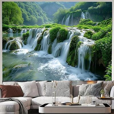 Natur-Wandteppich mit Bergmotiv, Wald- und Flusslandschaft, Kiefern und Bachlandschaft – Kunst für Wohnzimmer, Schlafzimmer und Zuhause