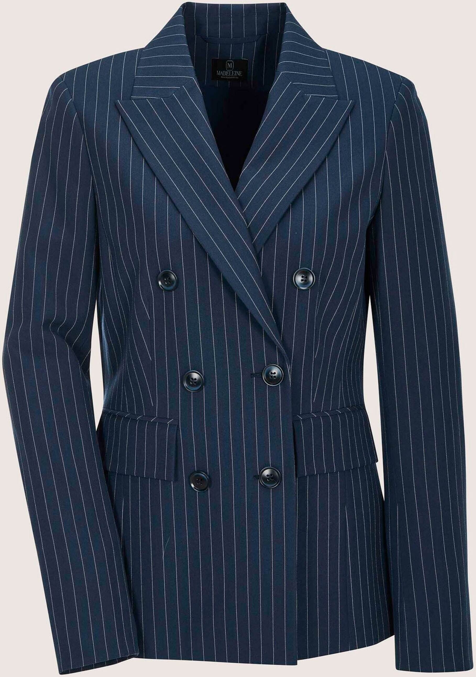 Jackenblazer MADELEINE "Blazer Longblazer mit Nadelstreifen", Damen, Gr. 34, blau (nachtblau, wollweiß), Obermaterial: 63% Polyester PES. 33% Viskose CV. 4% Elasthan EL., Modern, oversize, Blazer Jackenblazer, Doppelt gesetzte Knopfleiste