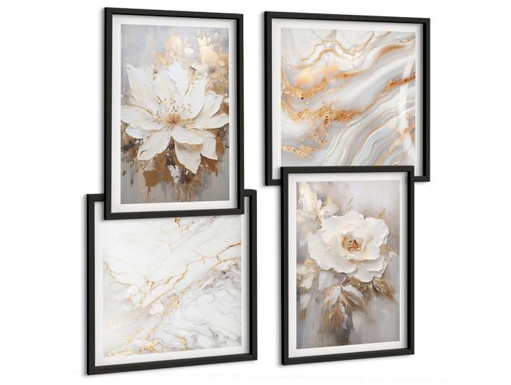 BILDER SET 4er Set - 50x50 cm & 40x60 cm Schwarzer Rahmen - Blumen, heller Hintergrund, Marmormuster