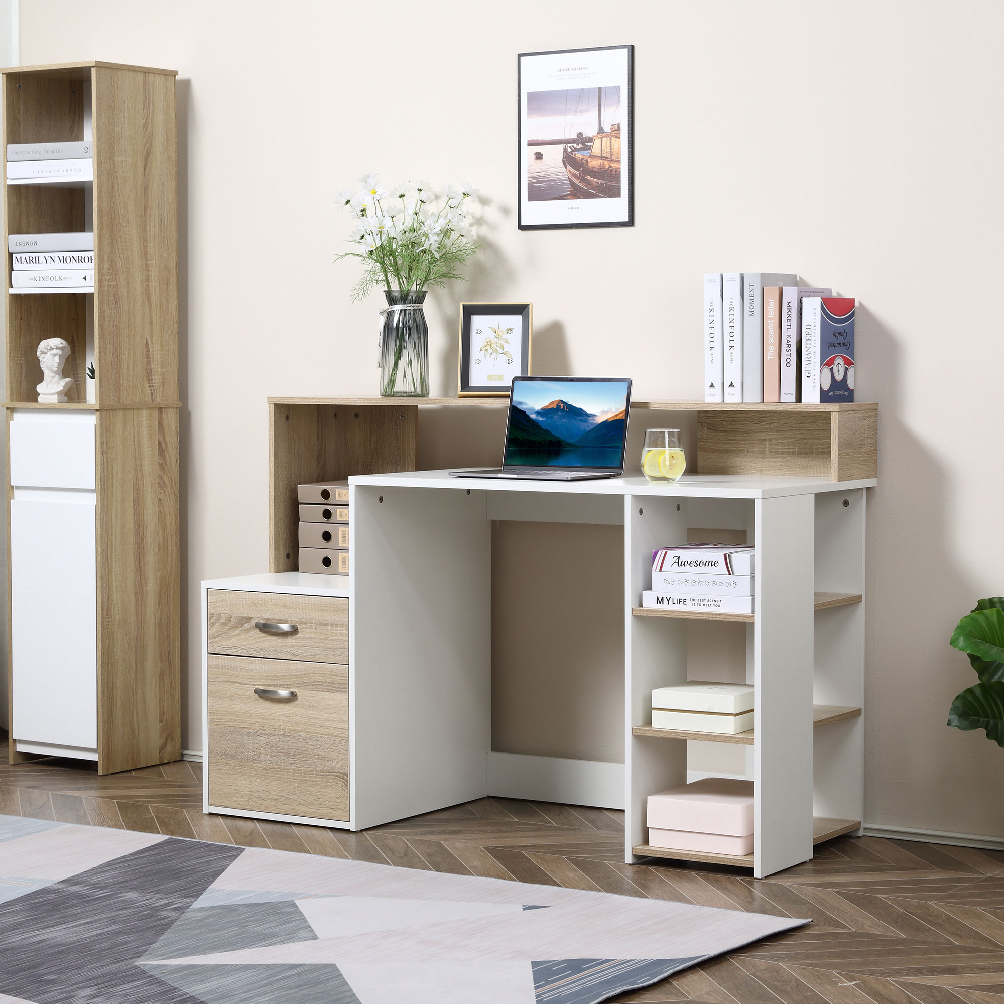 Homcom Moderna Scrivania per Computer con Ripiani in Legno MDF, 140x55x92cm