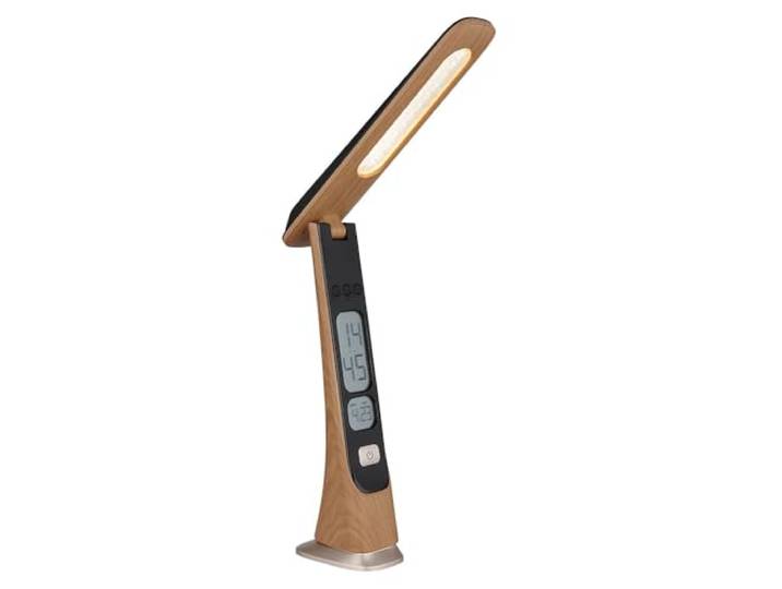 LED Tischleuchte Touchdimmer Schreibtischlampe Uhr Datum Akku Tischlampe beweglich, Holzoptik, 2W 140Lm warm-kaltweiß, LxBxH 24,5x5,7x31,4 cm
