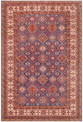 Treasured Knots Southwestern Super Kazak Ari Blue/Beige Hand Knotted Wool Rug - 9'1'' x 12'7''
