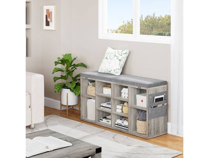 Banc à Chaussures - MEUBLE A CHAUSSURES - 10 Compartiments - Assise Rembourrée - Capacité 150 kg - Gris
