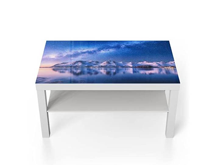 DEQORI Glastisch weiß groß 90x50 cm Motiv Galaxis über Fjord ausgefallener Beistelltisch aus Glas Hochglanz Couchtisch fürs Wohnzimmer moderner Couch Tisch mit Design