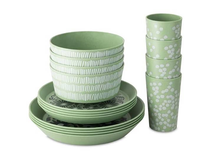 Koziol BLOMSTER SET Geschirrset 16 Teile, florales Dekor, bruchfest, stapelbar biozirkulärer Kunststoff, spülmaschinengeeignet, melaminfrei Camping, Picknick, Party (nature leaf green)