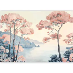 Artgeist, Tapete, Fototapete - Landscape with the Ocean Cliffs and Trees in Delicate Pink Shades (300 x 210 cm)