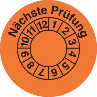 König Werbeanlagen Prüfplakette, Nächste Prüfung, orange/schwarz, Folie, Ø 35 mm - Bogen = 10 Plaketten - 35 mm Folie selbstklebend